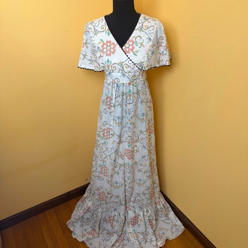 Rare Vintage 70s HB Jrs Cross Stitch Embroidered Boho Prairie Folk Maxi Dress 13